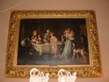 Large 19th Century Oil on Canvas depicting a dining event with adults, children and dogs, "Unexpected Return" by Victor Preault.