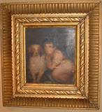 Small oil on board of young girl and her dog, early 19th Century.