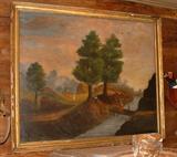 Oil on Canvas early 19th Century Alabama painting of the Alabama River, "Pritchetts Landing", by an Alabama artist.