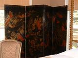 Four panel Chinese laquered screen, early 19th Century. Beautiful decoration.