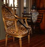 Late 19th Century French gilt open arm chair with silk leopard velvet upholstery.