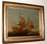 Very early 19th Century oil on board painting of a ship purchased from a collection in York, Virginia.