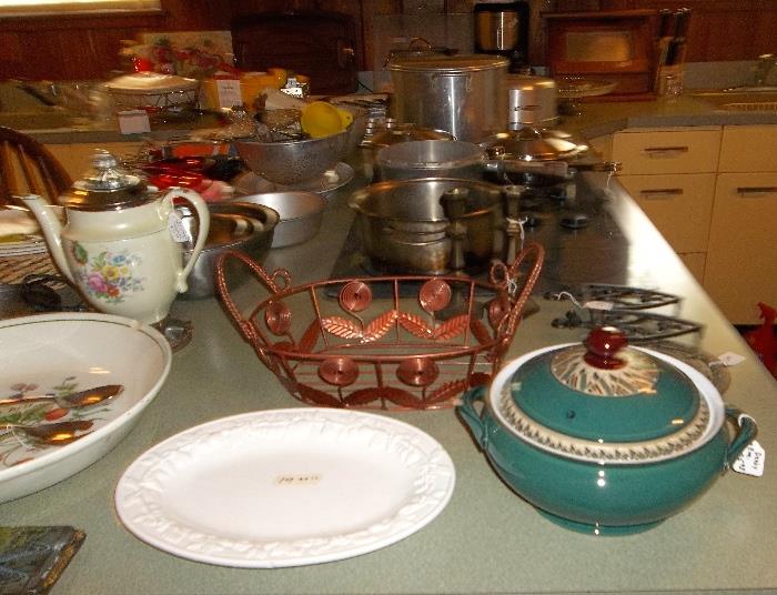 Handsome covered casserole (oven to table) in lower right,  large white platter (coordinates with set of white china!), and functional vintage  porcelain electric percolator (all parts inside!)
