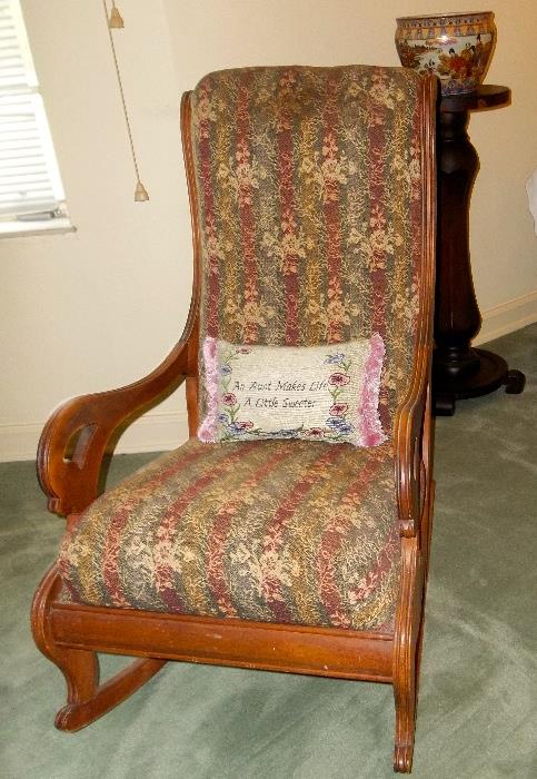 Beautiful gooseneck rocker - clean upholstery - nice needlepoint "sisters" pillow!  Solid mahogany fern stand (behind chair) with oriental cache pot - clean!