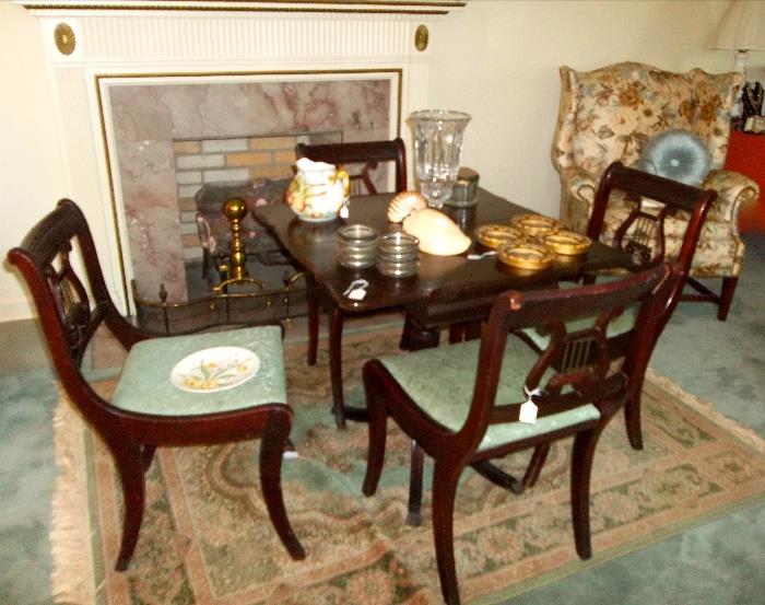 Great sized mahogany card table (opened as shown) with set of four lyre-back chairs.  Very nice machine-made Oriental rug! 