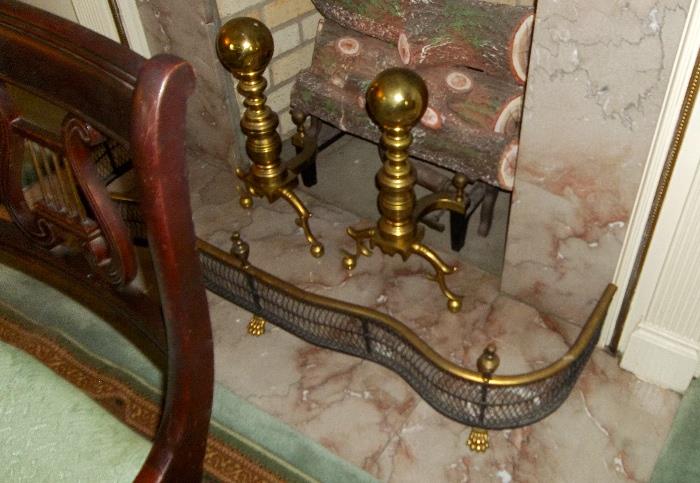 Outstanding antique andirons and fireplace fender! Heavy brass!  FENDER = SOLD!  ANDIRONS REMAIN!