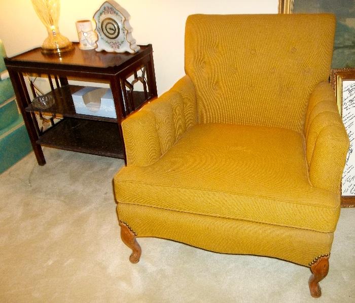 Very nice occasional chair "sorta French country" legs with good upholstery.  One of many good side or chairside tables and lamps!