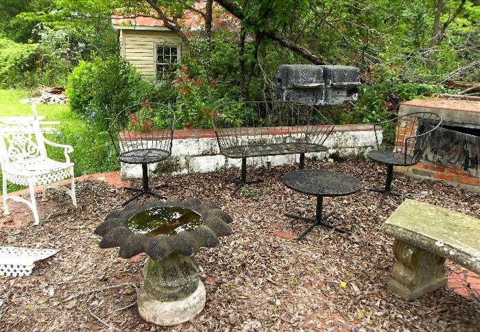 Heavy white chair and bench are in pieces - need work!  Black 4 piece set just needs a fresh coat of outdoor paint!   Nice base on the sunflower birdbath!