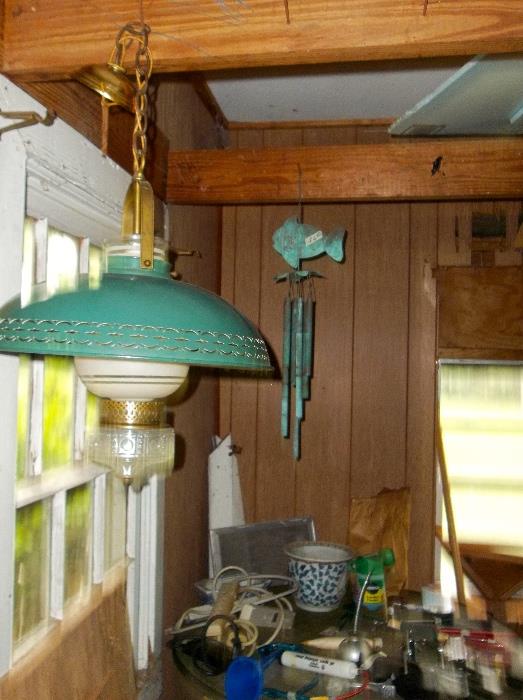 Nice mid-century hanging lamp plus much more in the garden house!