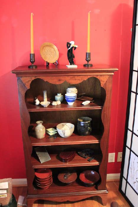 Shelving and misc. Japanese pottery and collectibles