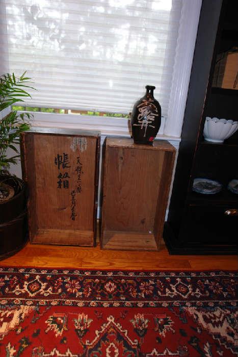 Japanese wooden crates for documents and sake bottle