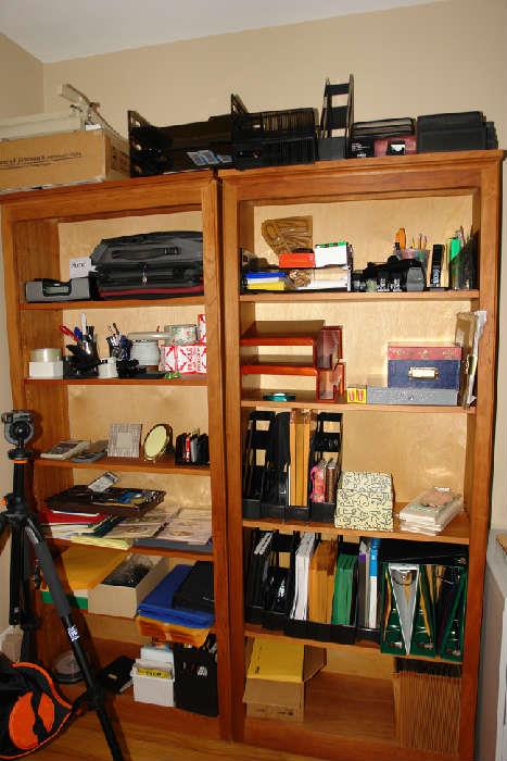 Tons of office supplies and bookcases 