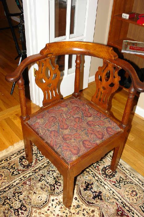 Amazing antique corner chair with violin upholstery (easy re-upholstery!)