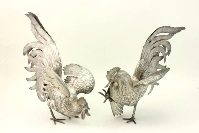 Lot #1227 Silver fighting roosters