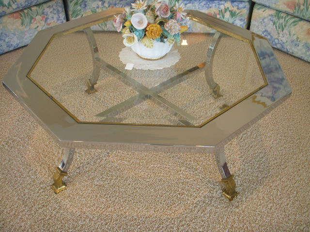Metal base coffee table with inset beveled glass top