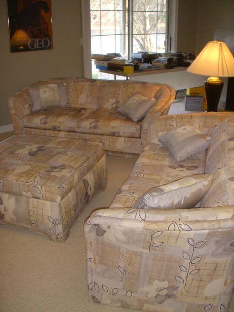 Pair of matched, custom-upholstered sofas with ottoman (all priced separately