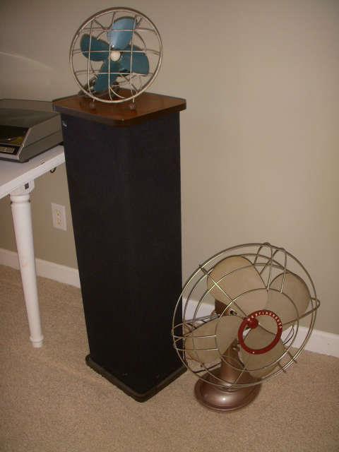 One of the two DCM floor speakers along with vintage fans