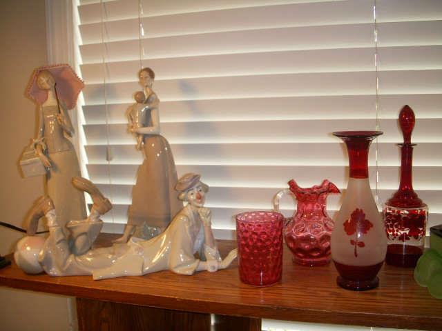 Three (3) Lladro figurines (one of woman holding child has been repaired), Cranberry & Bohemian glass