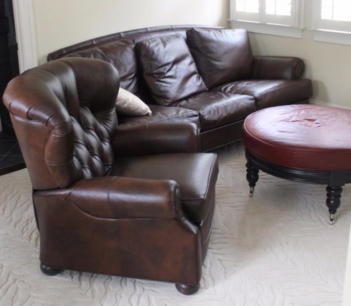 Ethan Allen Leather Couch (with feather blend) and Ethan Allen Cromwell Leather Recliner. Bennet Red Leather Ottoman