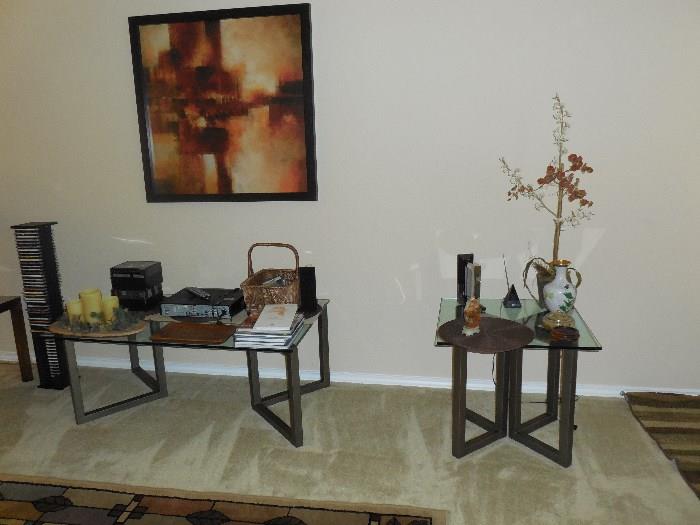 glass top coffee table and side table, DVD's and stand