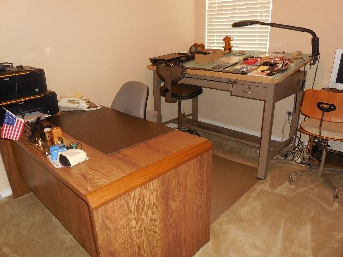 drafting table, desk, chairs, printer, etc.