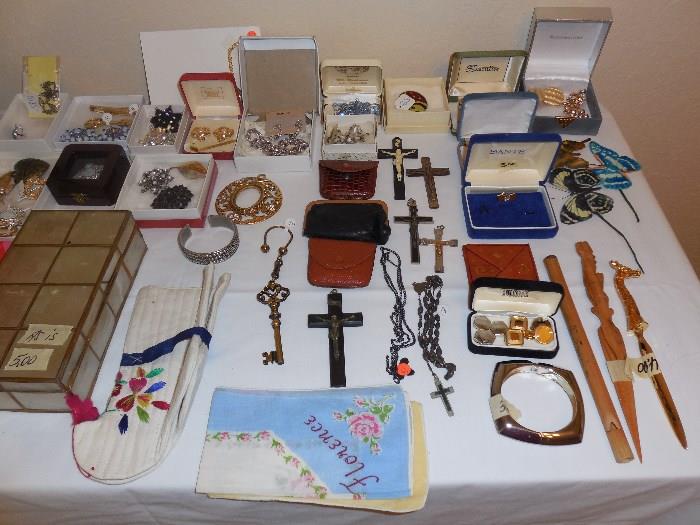 Rosary's, vintage jewelry, large collection of men's tie clips/cufflinks, etc.
