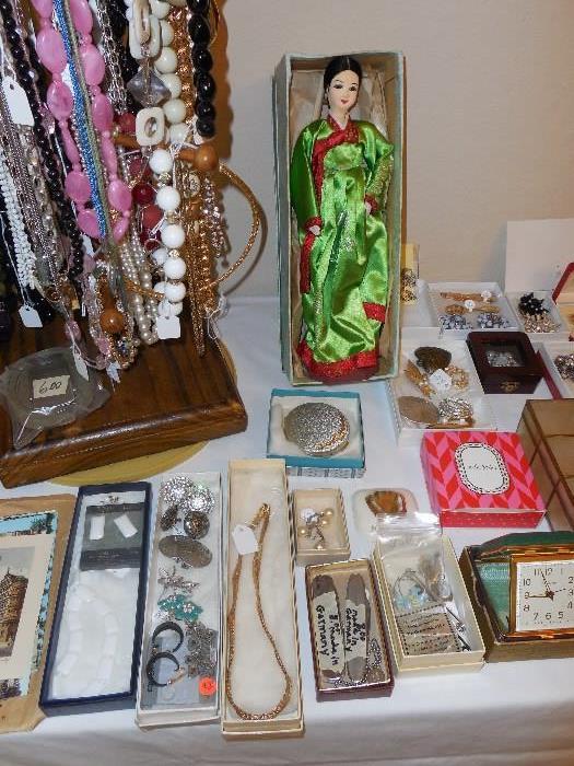 Vintage Korean doll, vintage jewelry, etc.