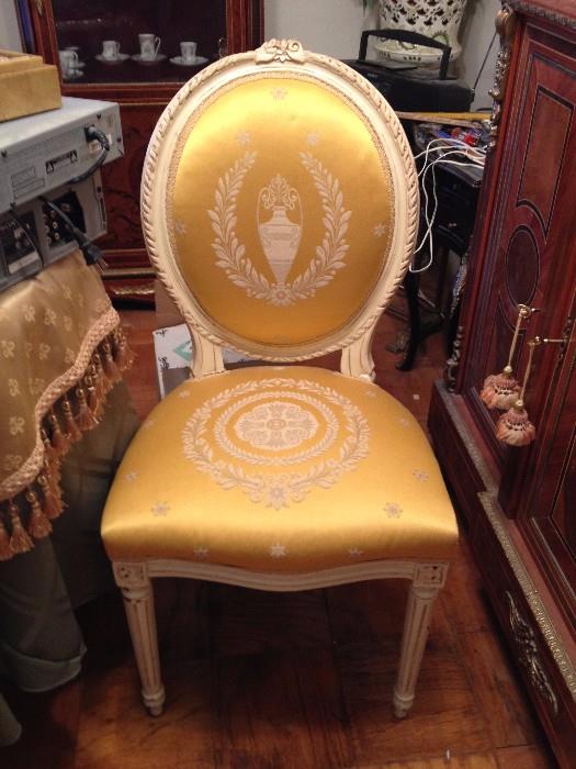 Antique French dining chair reupholstered in silk