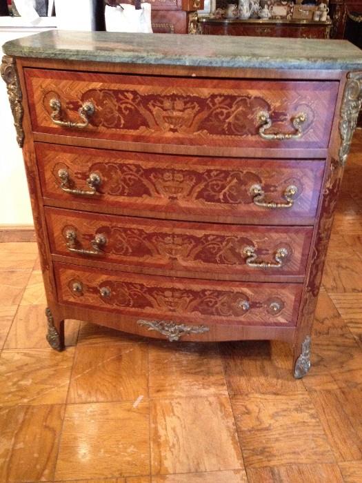 Vintage Louis XV Marquetry inlaid marble top chest