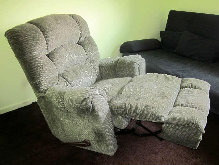 Oversized super soft recliner with cream/green velour fabric by Lane.