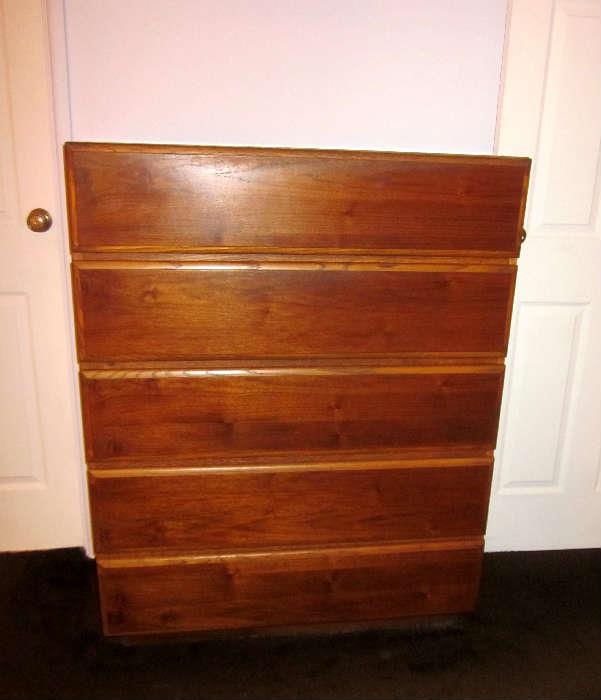 Mid-Century Modern 5-drawer chest of light and dark Oak, by Lane, made in USA.
