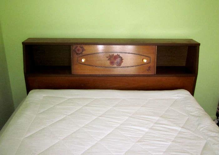 Vintage full size bed with storage headboard, footboard and frame.