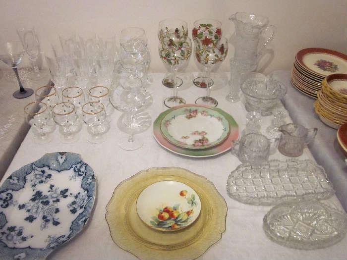 Vintage etched glass, hand painted stemware, etc.