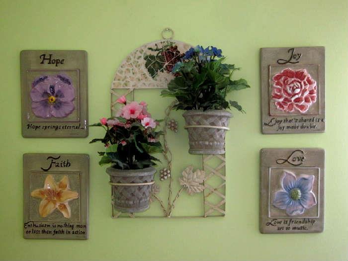 Ceramic wall plaques and metal wall decoration