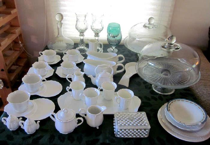 White porcelain tea set, vintage hobnail dresser box, misc.