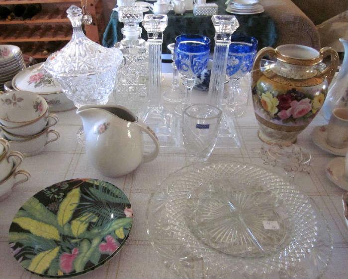 Crystal, Limoges plates, Noritake vase, Hall pitcher, etc.