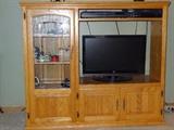 Oak entertainment center with curio cabinet