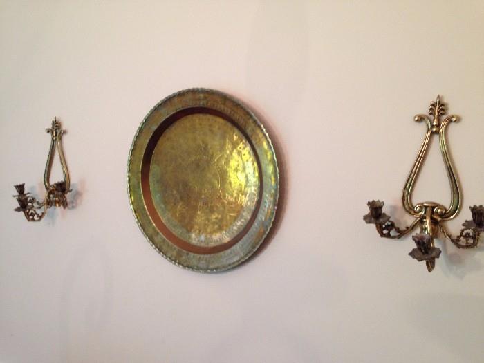 Brass charger and candle sconces