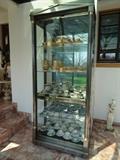 Stunning Nickel Contemporary Curio Cabinet with Brass Trim filled with Tea Sets and part of the extensive Tea Cup Collection