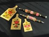 Handpainted Khokhloma Folk Art Cutting Boards, Rolling Pins from Russia