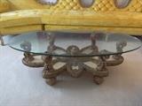 Vintage Hollywood Regency  Gold Gilt coffee table with ivory shell inset and oval glass top table