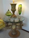 Matching Hollywood Regency Side Table and Gold Adorned Green Glass from Russia - The Green Glass items are SOLD