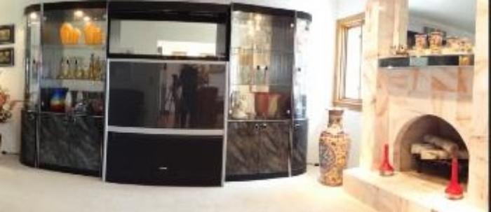 Stunning Contemporary Wall Unit and Projection TV The Cabinets are filled with Crystal and Amazing Art Glass Pieces