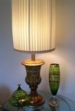 Vintage Handpainted Lamp and Italian Green Glass pieces with Gold Detailing