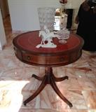 Barrel Table with Vintage Russian and Czech Crystal and Antique Ceramic Figurine