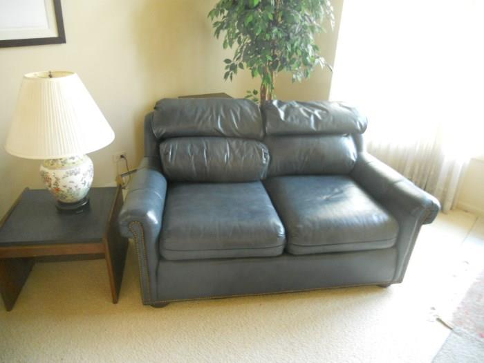 Blue Leather love seat, lamp end table-