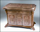 THREE-PIECE PARQUETRY INLAID CONSOLE/GAME TABLE AND STOOL SET, SYRIAN (lot 646)