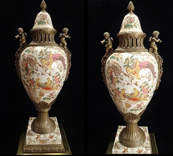 HUGE BRONZE AND PORCELAIN URNS WITH PAINTED BIRDS AND FLORALS