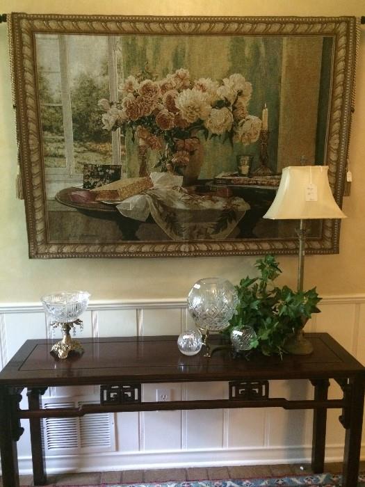 Asian style entry/sofa table; rose bowls; large tapestry