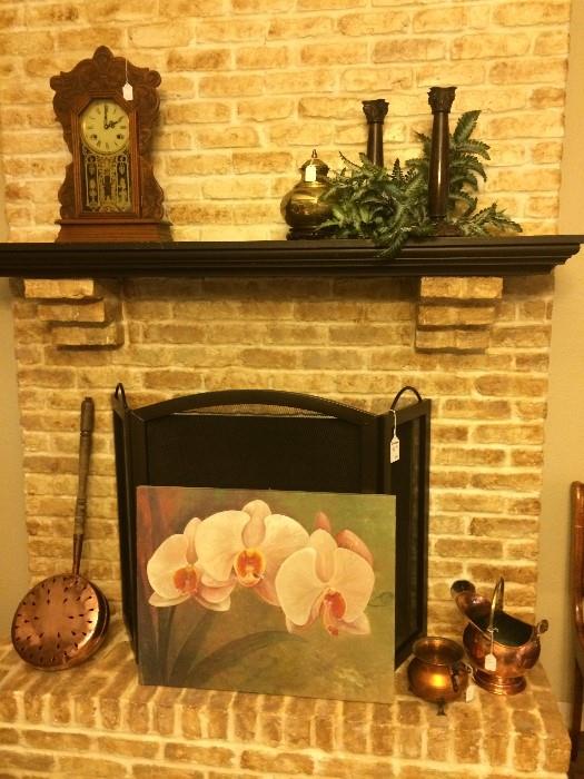 Mantel clock; copper items including bed warmer; orchid art; fire screen